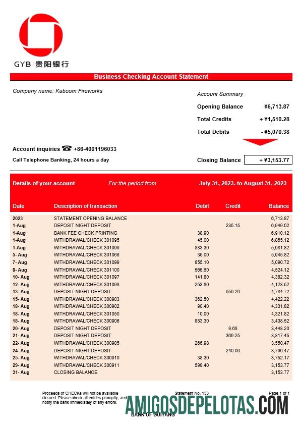 Baixável Bank Of Guiyang Firm modelo de extrato de conta Word e PDF